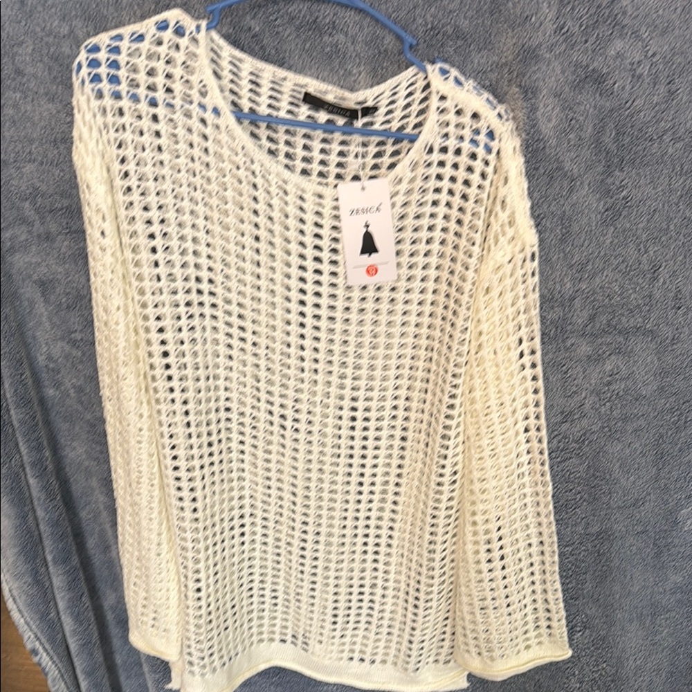 Cream Crew Neck Lightweight Sweater with Mesh Texture